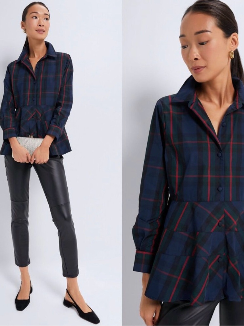 Pomander Place Tuckernuck Ashlen Peplum Blouse Women’s XL Plaid Navy‎ Red Fraser